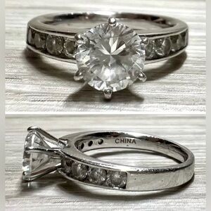 Vintage Designer Signed (FE) Sterling Silver Cubic Zirconia Ring, Size 7, 4.1g